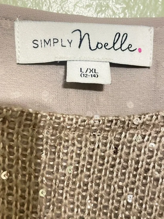 Simply Noelle L/XL Gold Shimmer Knit Top Layered Back Blouse Elegant - Picture 3 of 7